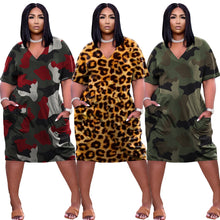Load image into Gallery viewer, Loose Camouflage Print V-Neck Dress With Pockets