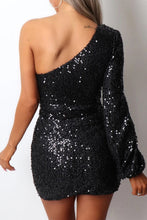 Load image into Gallery viewer, One-shoulder Lantern Sleeve Sequins Tied Waist Mini Dress