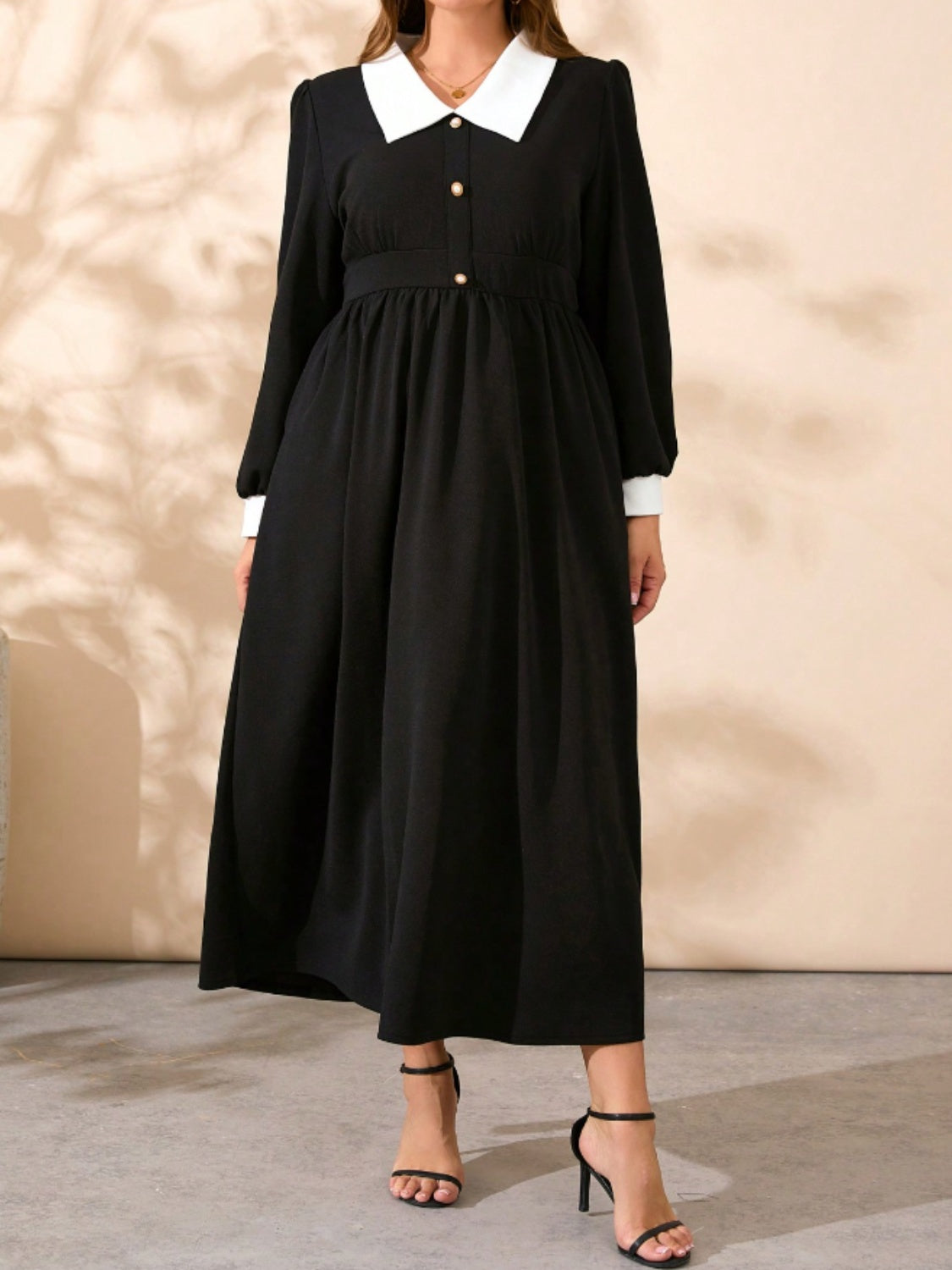 Plus Size Contrast Collared Neck Long Sleeve Midi Dress Curvy Chic Tee Plus Size Contrast Collared Neck Long Sleeve Midi Dress Curvy Chic Tee