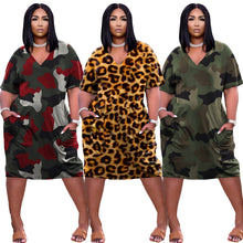 Load image into Gallery viewer, Loose Camouflage Print V-Neck Dress With Pockets
