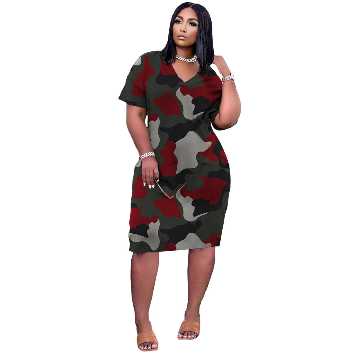 Loose Camouflage Print V-Neck Dress With Pockets – Curvy Chic Tee