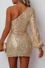 Load image into Gallery viewer, One-shoulder Lantern Sleeve Sequins Tied Waist Mini Dress
