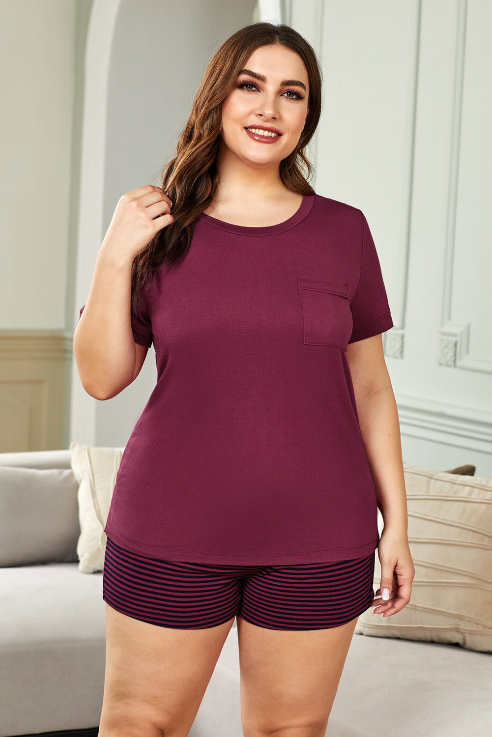 Plus Size Solid T-shirt and Striped Shorts Lounging Set